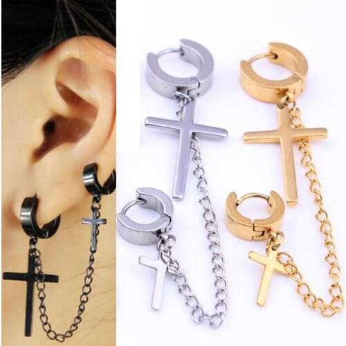 1 Piece Punk Stainless Steel Stud Earring Men Cross Earring Fashion Long Tassels Crosses Body Piercing Jewelry Gold