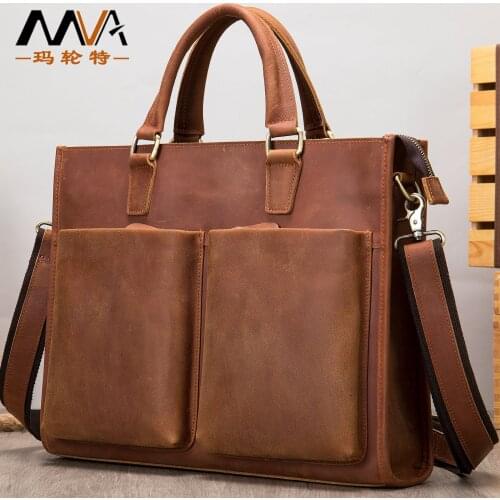 Men Business Casual Tote Hand Bags Briefcase Genuine Leather Male Brand Designer Fashion Vintage Large Laptop Shoulder Bag