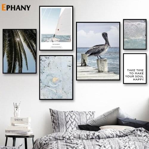 Tropical Plant Decoration Canvas Painting Seabird Sailboat Ocean Landscape Poster Nordic Print Wall Art Picture for Living Room