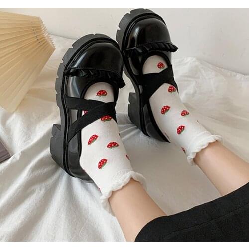 Lolita Shoes Cross-tied Elastic Band Platform Shoes Mid Heels Thick Sole Women Boat Shoes Pumps Round Toe Girls Shoes 9144G