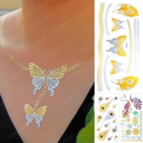 Waterproof Temporary Tattoo Sticker Metal Gold Silver Mandala Feather Butterfly Flash Tattoos Henna Body Art Fake Jewelry Tatoo