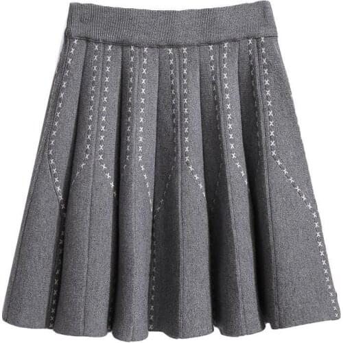 2021 Elegant Slim Elastic Waist Thicken A-Line Skirts Women Autumn Winter High Waist Short Knitted Pleated Skirt