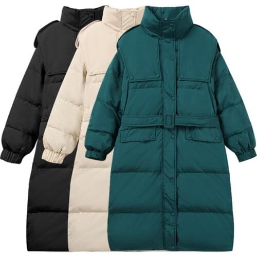 2021 Duck Down Jacket Women Long Parka With Belt Waist Over The Knee Stand Collar Loose Waterproof Slim Warm Puffer Coat Outwear