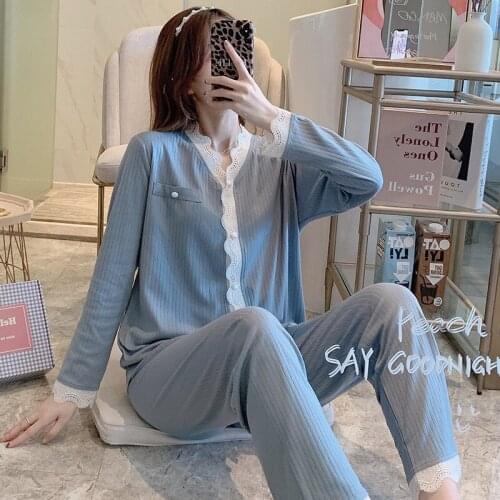 Womens Pajamas 2 Piece Cotton Japanese Solid Color Cardigan Lace Long-sleeved Tops Trousers Pajama Set Simple Casual Homewear