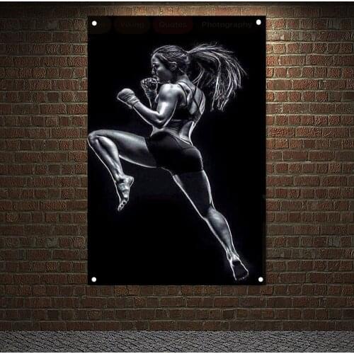 Female Boxer Flags Workout Bodybuilding Banners Gym Wall Decor Sign Motivational Poster Canvas Painting Stickers Wall Art Fresco