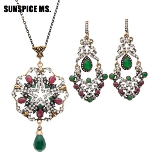 Luxuriant Turkish Royal Jewelry Sets For Women Antique Gold Color Crystal Drop Earrings Rhinestone Necklace India Ethnic Bijoux