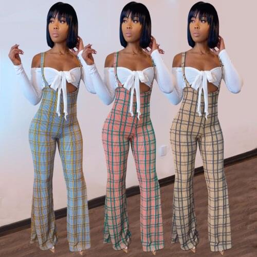 2021 New Women Outfits Fashion Suit Adults Long Sleeve Tie Up Tube Top + Plaid/Stripe Wide Leg Jumpsuits Women Two Piece Outfits