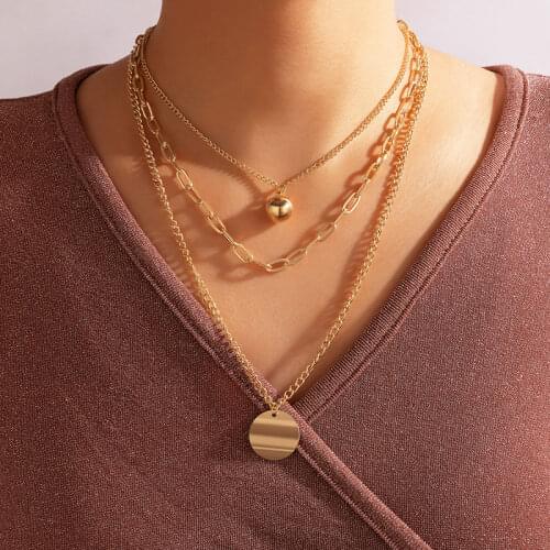 HuangTang 2021 NEW Gold Color Ball Pendant Necklace for Women Vintage Multilayer Geometric Circle Cuban Necklace Fashion Jewelry
