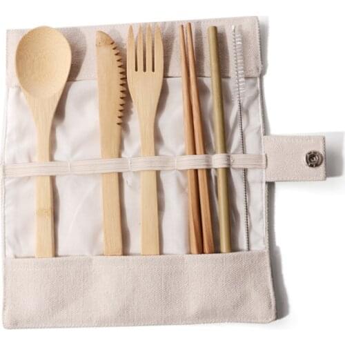 Bamboo Knives Forks Spoons With Bag Portable Camping Wooden Cutlery Set Picnic Outdoor Tableware With Case