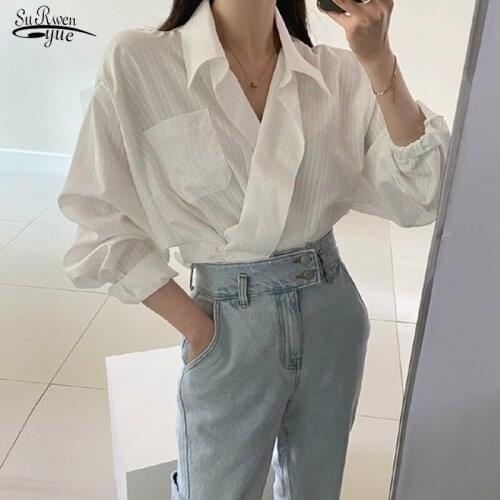 Summer Autumn V-neck Loose Female Blouse 2020 Gentle Chic Pockets Striped Women Shirts Elegant Ladies Tops Blusas Mujer 12375