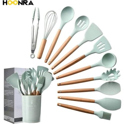 HOONRA Silicone Cooking Utensils Set Non-Stick Spatula Shovel Wooden Handle Cooking Tools Set With Storage Box Kitchen Tool