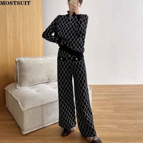 Vintage Fashion Plaid Knitted Pants Set Women Zip-up Sweater & Wide Leg Pants Autumn Winter Chic Loose Female 2 Piece Pants Set
