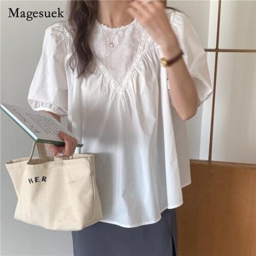 Korean Summer Women Cotton Shirts Solid Lace Embroidered O-Neck Short Sleeve Tops for Women Casual Hollow Out Shirt Blusa 14607