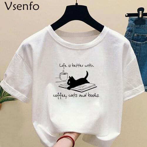 Fashion Coffce T-shirt Women Life Is Better with Coffce T Shirts Unisex Funny Cute Cat T Shirt Summer White Animal Print Tops