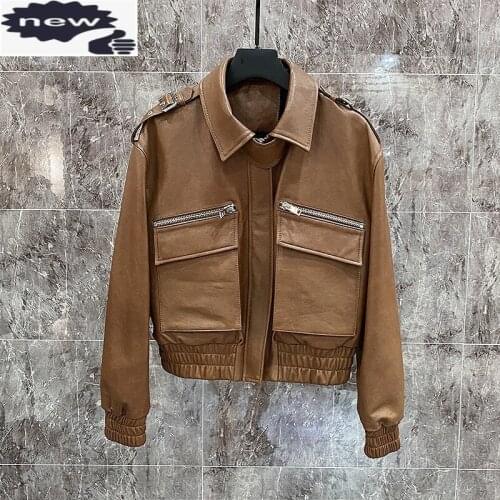 Fashion Women Motorcycle Genuine Leather Bomber Jacket Pockets Short Natural Sheepskin Coat New Designer Slim Fit Biker Jackets