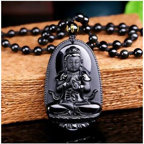 Natural Small Black Obsidian Carved Chinese Eight Patron Saint Buddha Kwan-Yin Lucky Amulet Pendants Beads Necklace Jewelry