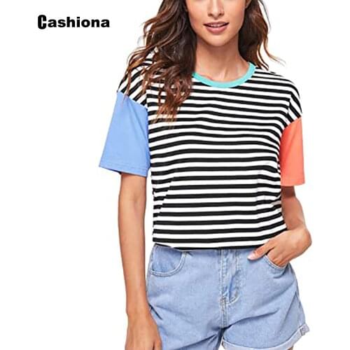 Cashiona Plus size Women Elegant Leisure Casual T-shirt New Patchwork Stripe Print Womens Top 2021 Summer Tees shirt Femme