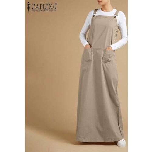 Women Stylish Sleeveless Square Neck Sundress ZANZEA Casual Baggy Overall Maxi Long Plain Dress Vintage Strap Suspenders Vestido