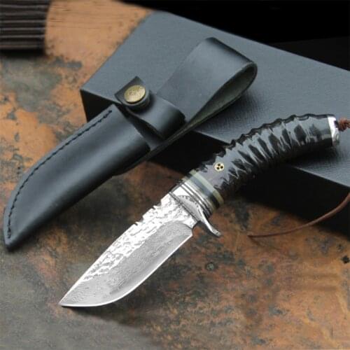 Free shipping High-end The horn handle Damascus steel straight knife Collect the hunting knife Outdoor EDC tools