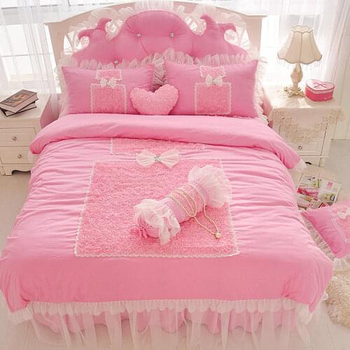 Romantic Pink Lace Rose Flower Bedding Sets Princess Bow Ruffles Duvet Cover Bed Skirt Linen Pillowcases Cotton Home Textile