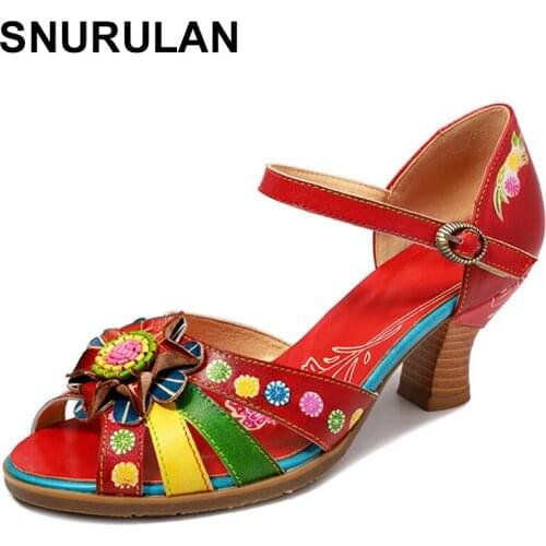SNURULANSuper comfortable genuine leather sandals glitter pattern with floral veins crochet buckle elegant sandals summer shoes