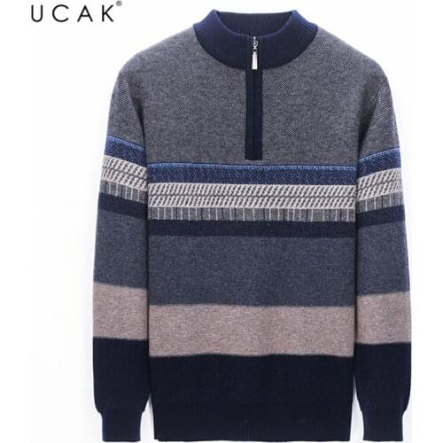 UCAK Brand Pure Merino Wool O-Neck Zipper Sweaters Men Clothing Streetwear Warm Sweater Pull Homme Winter Casual Pullover U3199