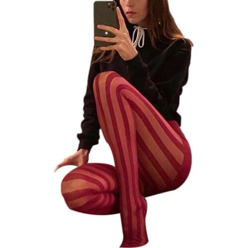 Women Sexy See-through Pantyhose Vertical and Horizontal Stripe Printed Pattern Tights, Black/ Wine Red/ Blue
