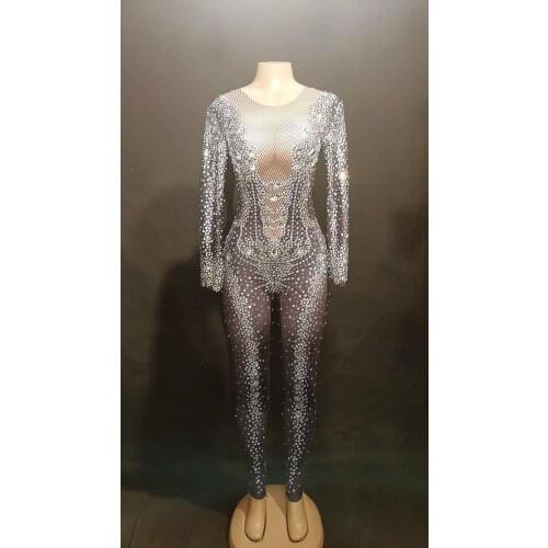 Sexy Stage Stretch Rhinestones Jumpsuit Womens Stage Nightclub Birthday Costume Dance Outfit Performance Rompers Dance Jumpsuit