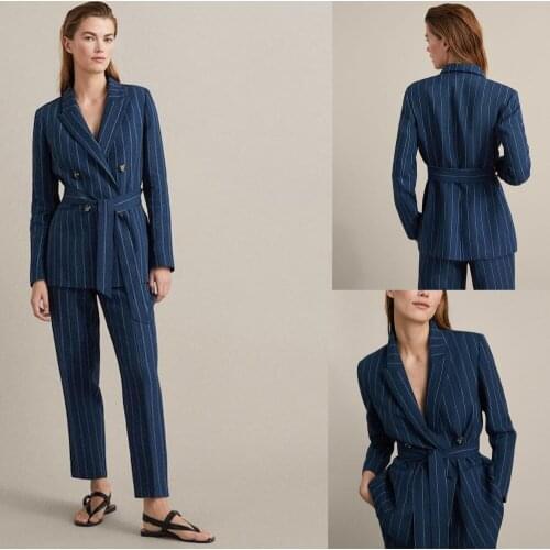 Navy Striped Customized Women Tuxedos Suits Street Shot Office Lady Blazer Suit Wear Prom Party Business Outfits 2 Pieces