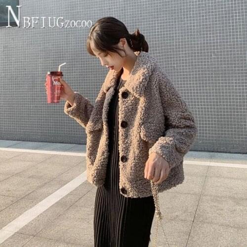 Single Breasted Pocket Imitation Lambswool Women Coat Brown And Beige Color Female Jacket