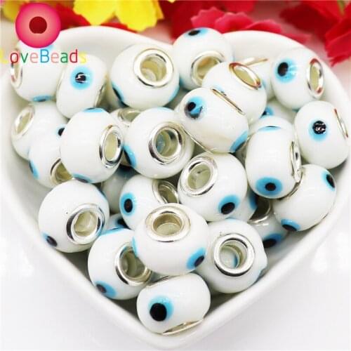 10Pcs 16mm White Color Red Blue Pink Evil Eye Lampwork Glass Beads Big Hole Fit Original Pandora Bracelet Chain Spacer Charms