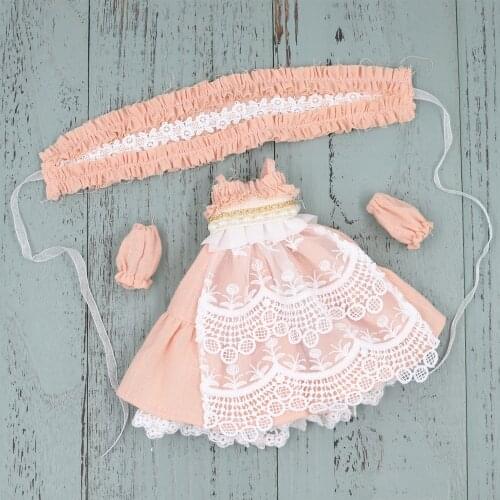Outfits for Blyth doll pink dress with pearl oversleeve and the headband Vintage 1/6 BJD