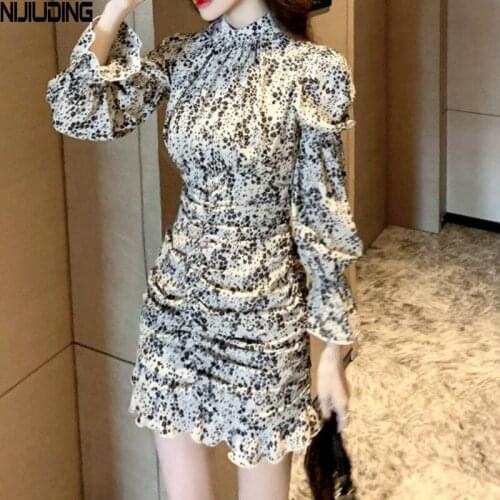 2021 New Spring Pleated Sexy Women Floral Chiffon Mini Dresses Female Long Sleeve Half Turtleneck Bodycon Dress Mujer Vestidos