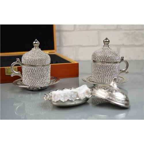 Handmade authentic Design Turkish Greek Arabic Coffee Espresso Set for 2 Service, Cups Saucers Lids Tray Delight Candy Dish GIFT