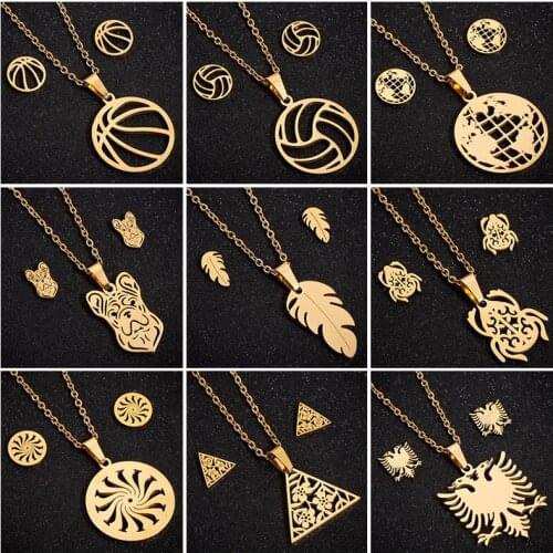 Sasusp Vintage World Map Stainless Steel Sets Feather Dog Basketball Volleyball Chain Necklace Women Men Kids Christmas Gift