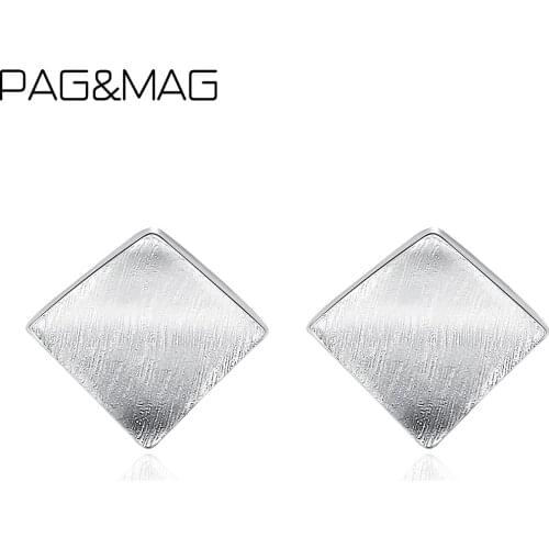 PAG&MAG Vintage Genuine Silver 925 Brushed Square Stud Earrings For Women Gold Color Geometric Brincos Earrings Jewelry SE0177