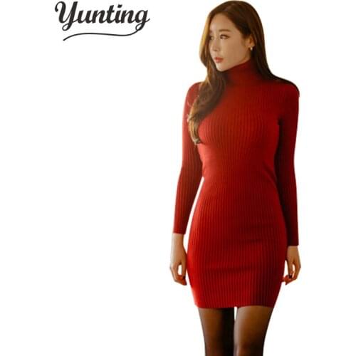 Warm and Charm Slim Sheath Package Hip Knitted Sweater Dress Long Sleeved Turtleneck Thick Bodycon Sweater Dress