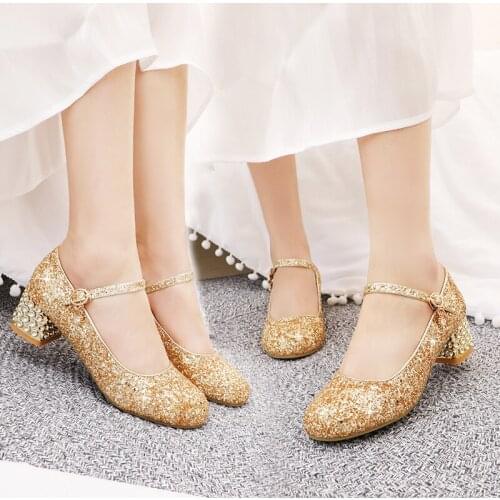 YMECHIC Summer 2019 Fashion Princess Mary Jane Shoes Women High Heels Bling Sequined Party Block Medium Heel Wedding Shoes Pumps