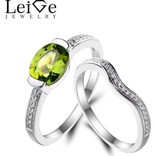 Leige Jewelry Peridot Wedding Ring Natural Peridot Ring Oval Cut Green Gems August Birthstone 925 Sterling Silver Bridal Sets