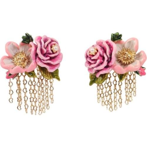 European and American New Style Rose Series Pink Rose Flower Tassel Earrings Stud Earrings Enamel Hand-painted Craft Earrings