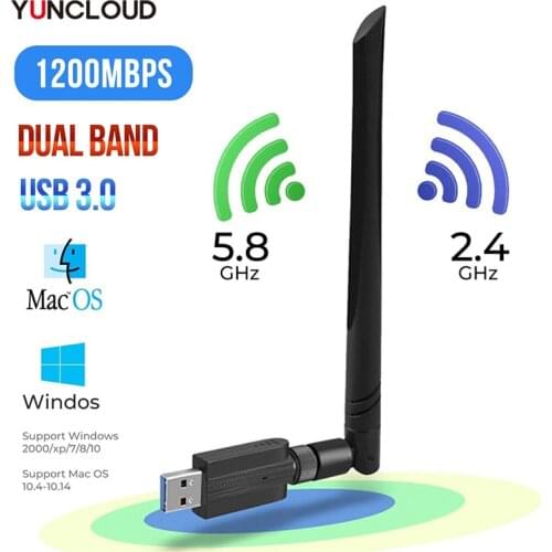 High Speed 1200Mbps Wireless 2.4G 5G USB Wifi Adapter LAN Ethernet Dual Band USB Network Card Wifi Dongle Free Driver