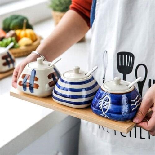 Japanese Style Ceramic Seasoning Pot Set Salt Shaker Kitchen Sugar MSG Spices Condiment Bottles