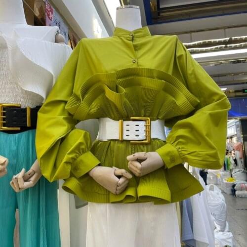 JSXDHK Designer Runway Women Lantern Sleeve Shirts Fashion Chic Summer Cotton Green Patchwork Ruffles Loose Blouses With Belt