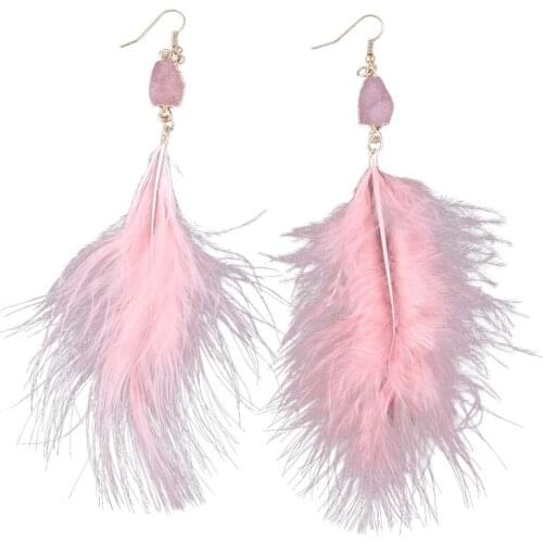 634D Natural Feather Tassel Pink Quartz Stone Drop Earrings For Women Fashion Jewelry