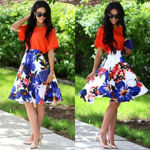 2019 New arrival sexy print Womens Fashion High Waist A-Line Knee-Length Skirts Floral Print skirts