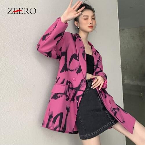 Korean Suit Women Rose Red Letters Print Long Sleeve Blazers Woman Casual Loose Jacket Ladies Double Breasted Blazers Coats