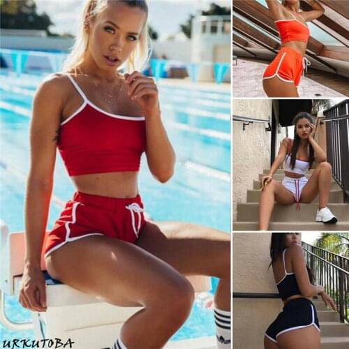 Women 2pcs Sport Set Solid Color Sling Crop Slim Top High Waist Drawing Straps Elastic Band Short Pants Lady Summer Workout Set