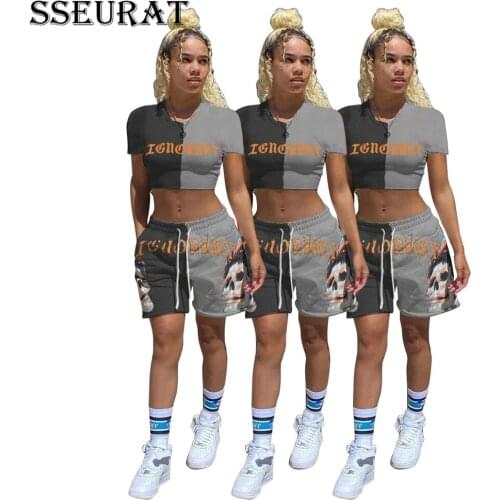 SSEURAT Women Set Letter Print Patchwork Short Sleeve Crop Tops Shorts Two 2 Piece Sets Sweatsuit Summer Outfit Sporty