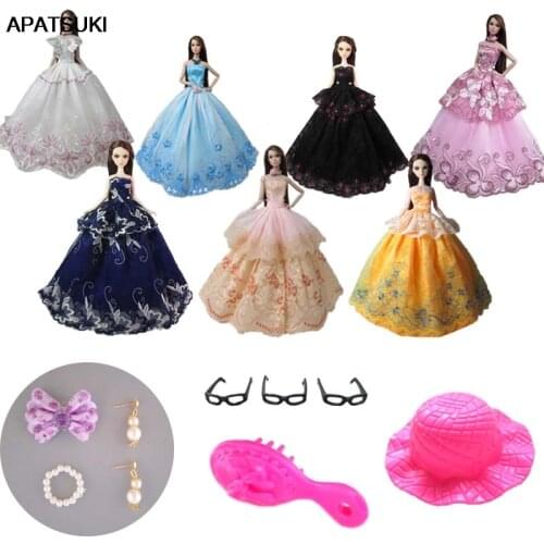 13pcs/lot 1/6 Doll Accessories For Barbie Doll =5pcs Random Big Wedding Dress 3pcs Glasses Comb Earring Necklace For Barbie Doll