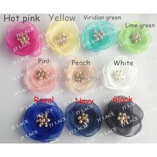 60pcs/lot ,3.3" Beaded Chiffon Flower Pearl Chiffon hair Flower,(10 colors for choose )